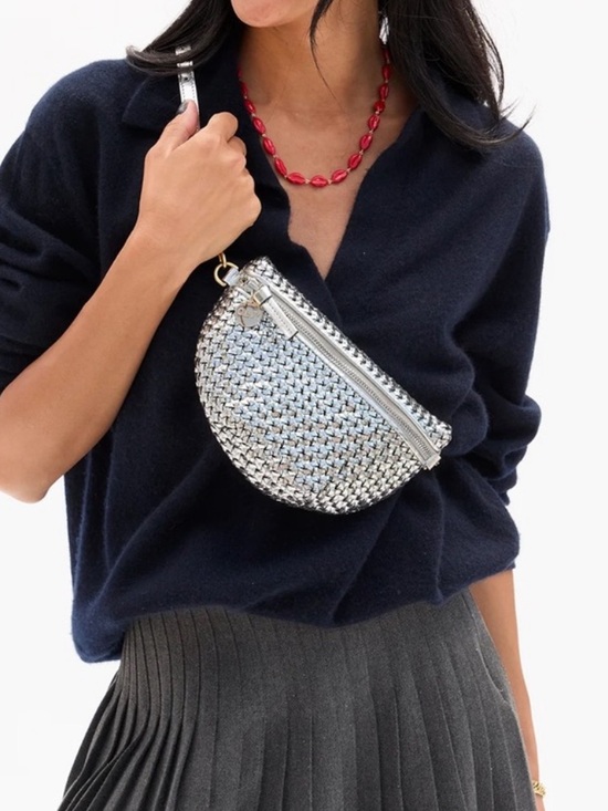 Clare V Metallic Silver Woven Mini Crossbody Belt Bag